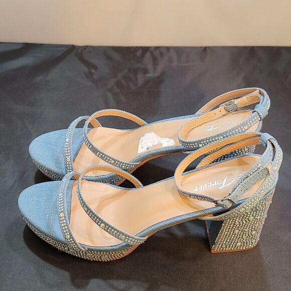 BRAND NEW FOREVER DENIN BLOCK HEEL VERSATILE STUDDED WITH PEARL SANDAL G1 - Picture 7 of 15